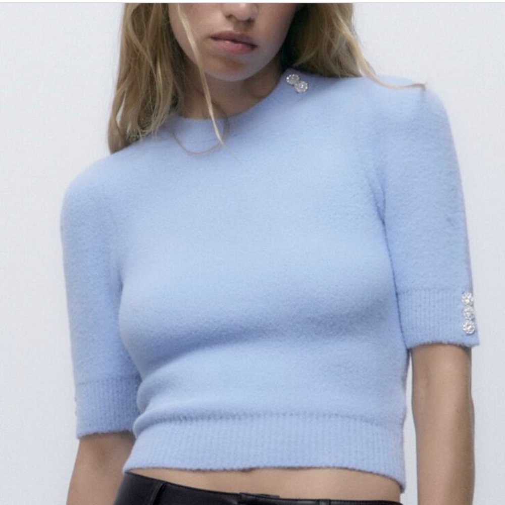 ZARA BABY BLUE FUZZY STRETCH SWEATER BLOUSE WITH BUTTONS AND RHINESTONE DETAIL